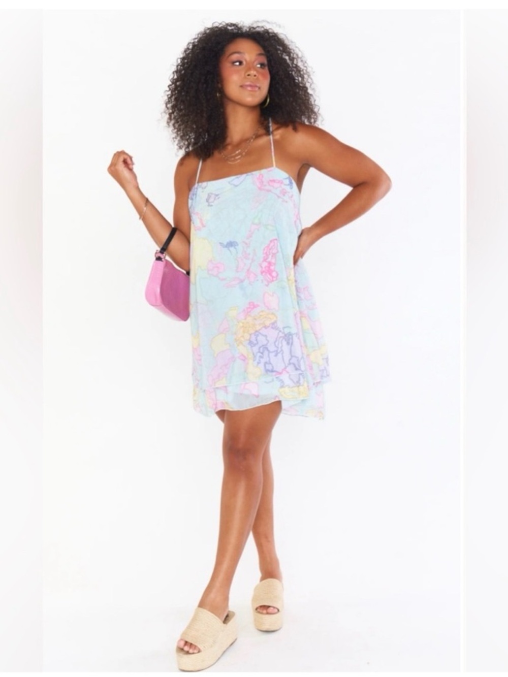 Show Me Your Mumu World Tour Light Blue & Pink Spaghetti Strap Dress